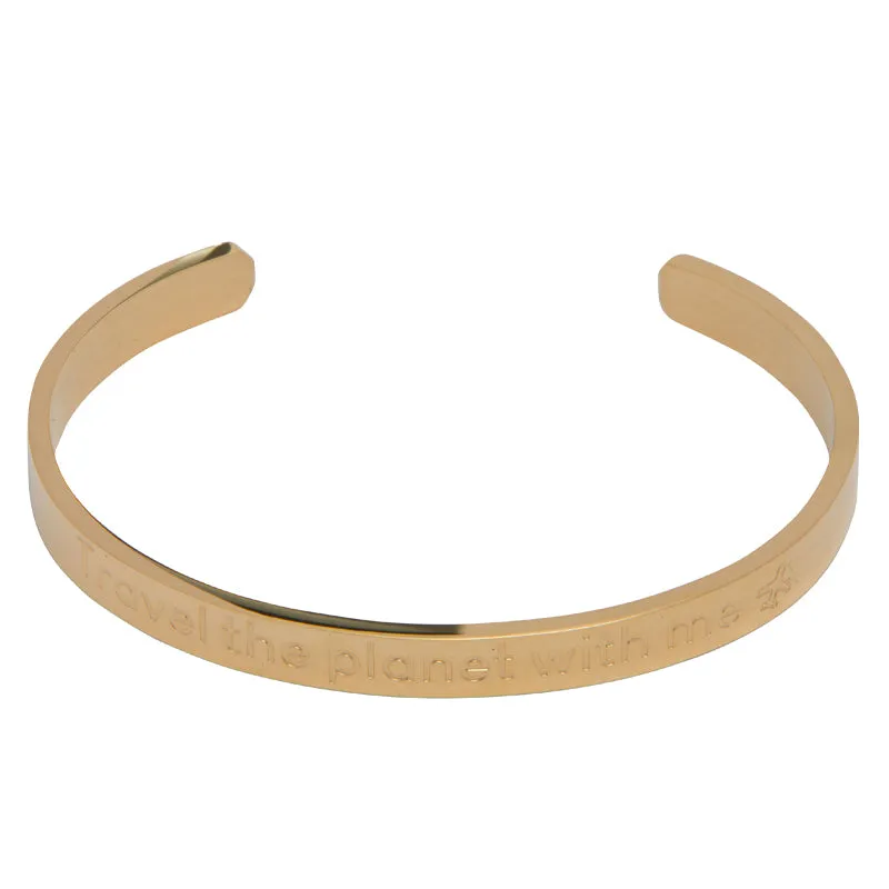 Travel the Planet with Me: Stainless Steel Bracelet with Engraved Message for Travel Enthusiasts