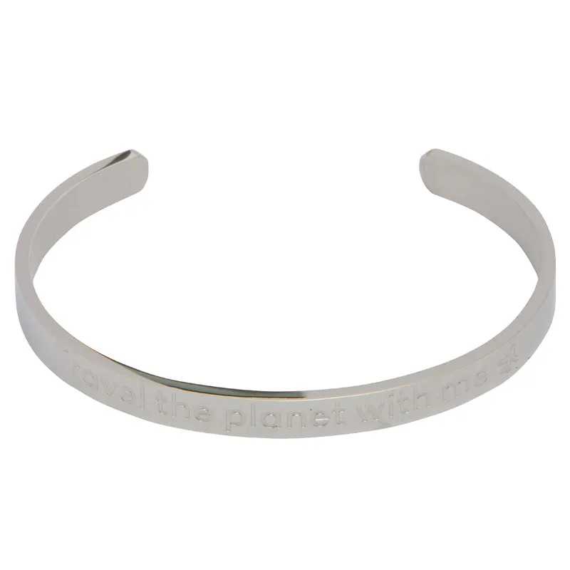 Travel the Planet with Me: Stainless Steel Bracelet with Engraved Message for Travel Enthusiasts