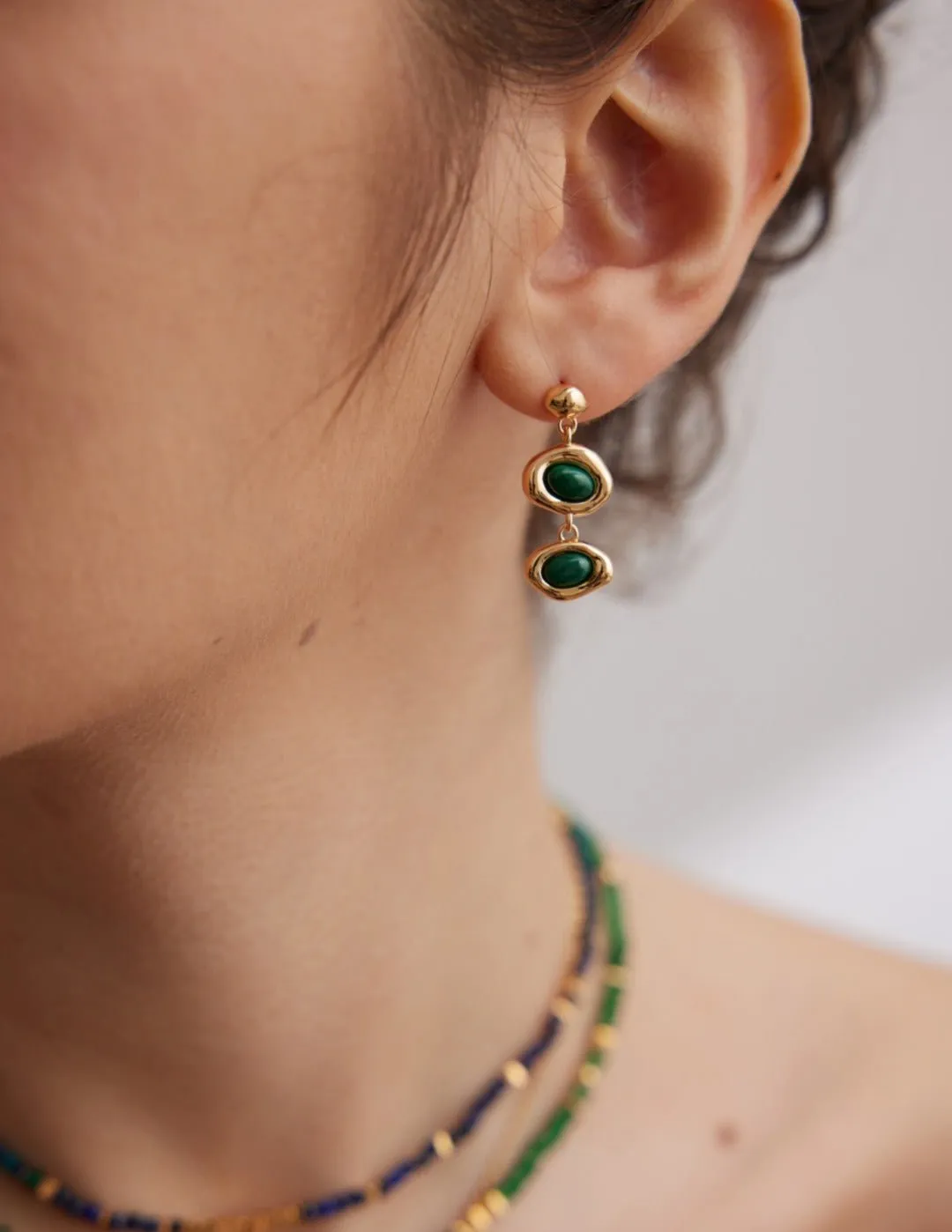 Two Green Malachite and Black Onyx Earrings