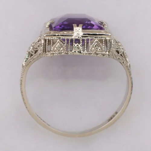 VINTAGE AMETHYST FILIGREE RING 14K WHITE GOLD SOLITAIRE ART DECO PURPLE ESTATE