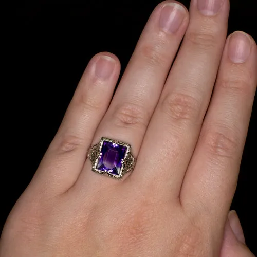 VINTAGE AMETHYST FILIGREE RING 14K WHITE GOLD SOLITAIRE ART DECO PURPLE ESTATE