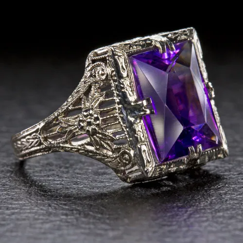 VINTAGE AMETHYST FILIGREE RING 14K WHITE GOLD SOLITAIRE ART DECO PURPLE ESTATE