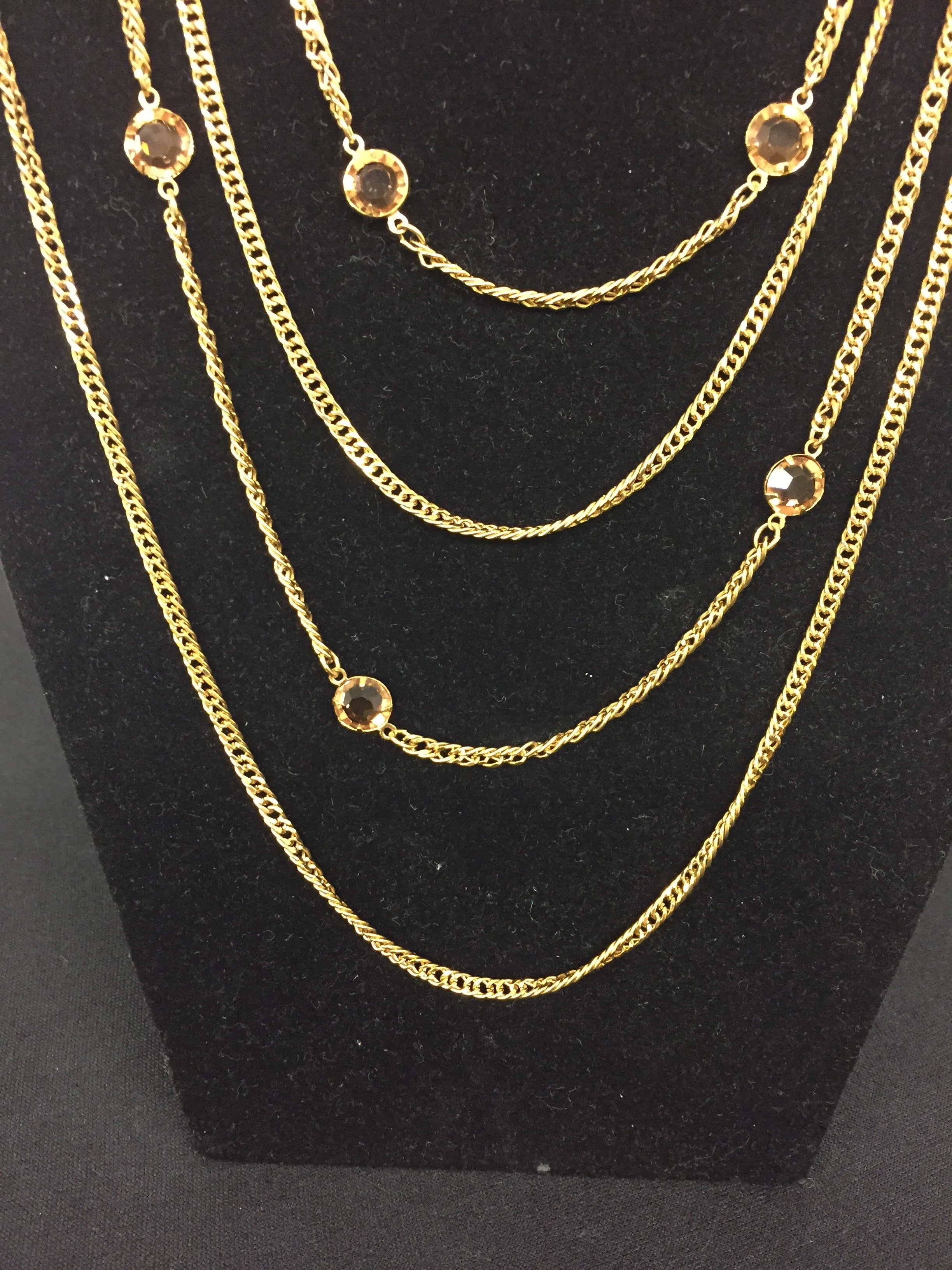 Vintage Designer D'orlan Goldtone Amber Rhinestone Multi Chain Statement Necklace
