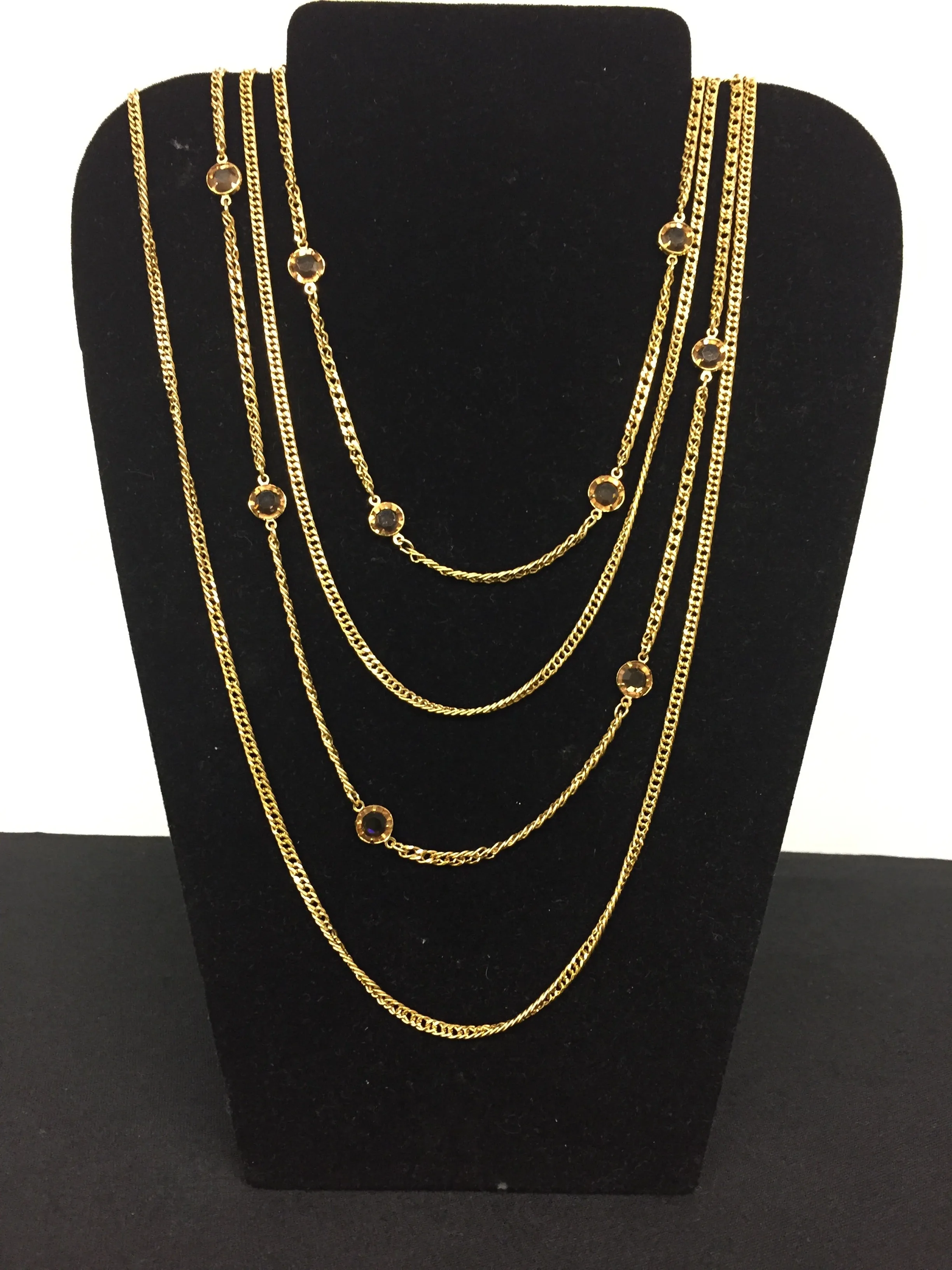 Vintage Designer D'orlan Goldtone Amber Rhinestone Multi Chain Statement Necklace