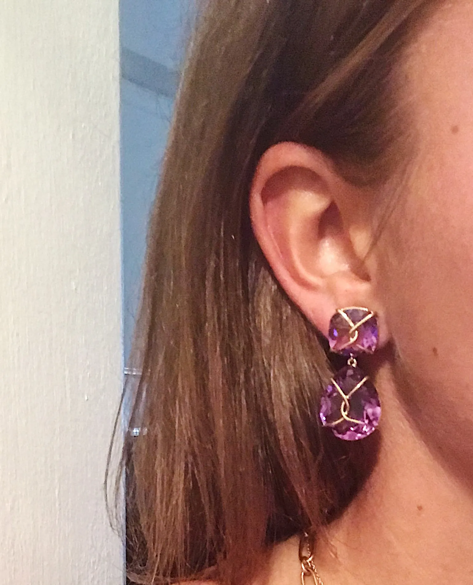 Yellow Gold Wrapped Drop Earring with Purple Amethyst